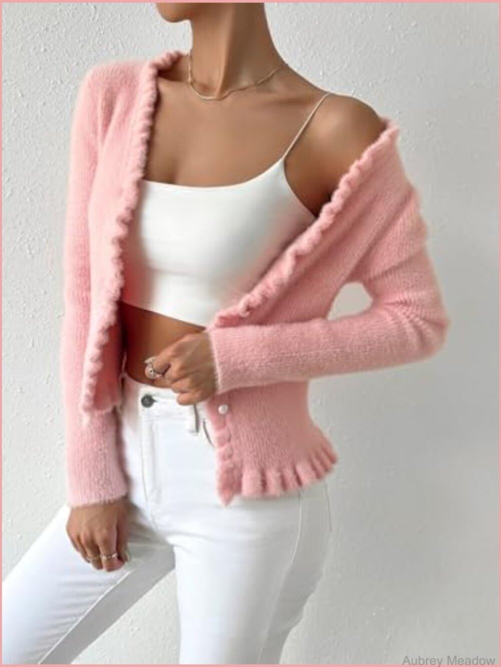 Ruffle Button Cardigan Knitted Cropped V-Neck Long Sleeve Front Open Top - Picture 2 of 7